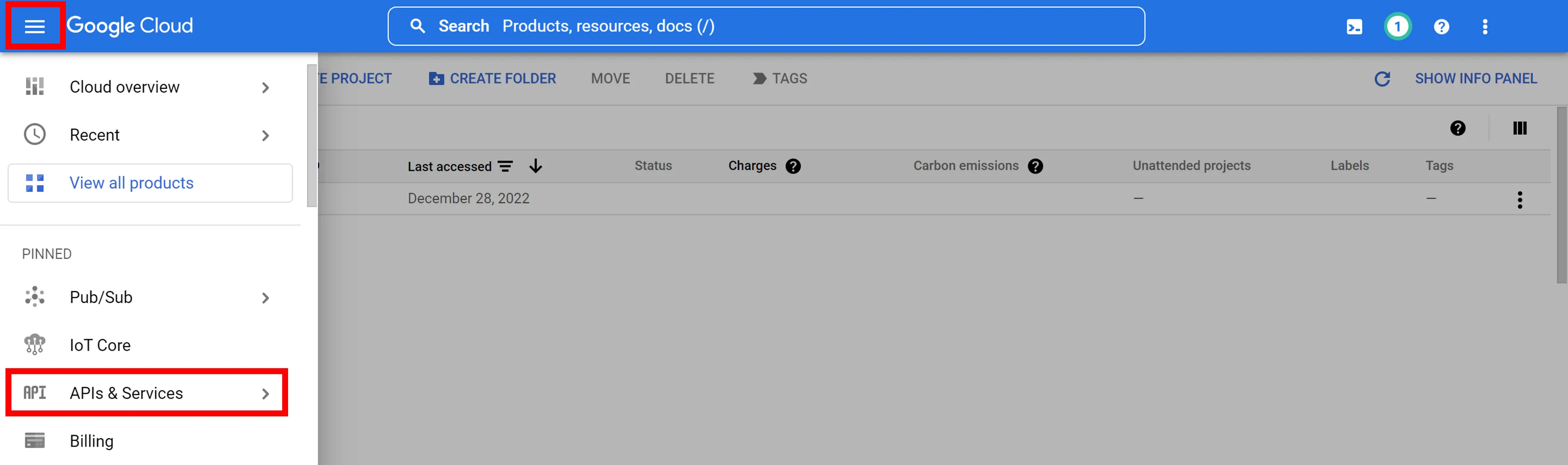 APIs and Services Menu