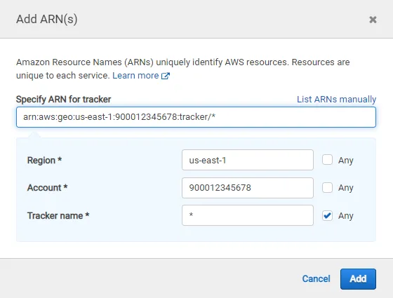 ARN settings dialog for Amazon Location Service tracker