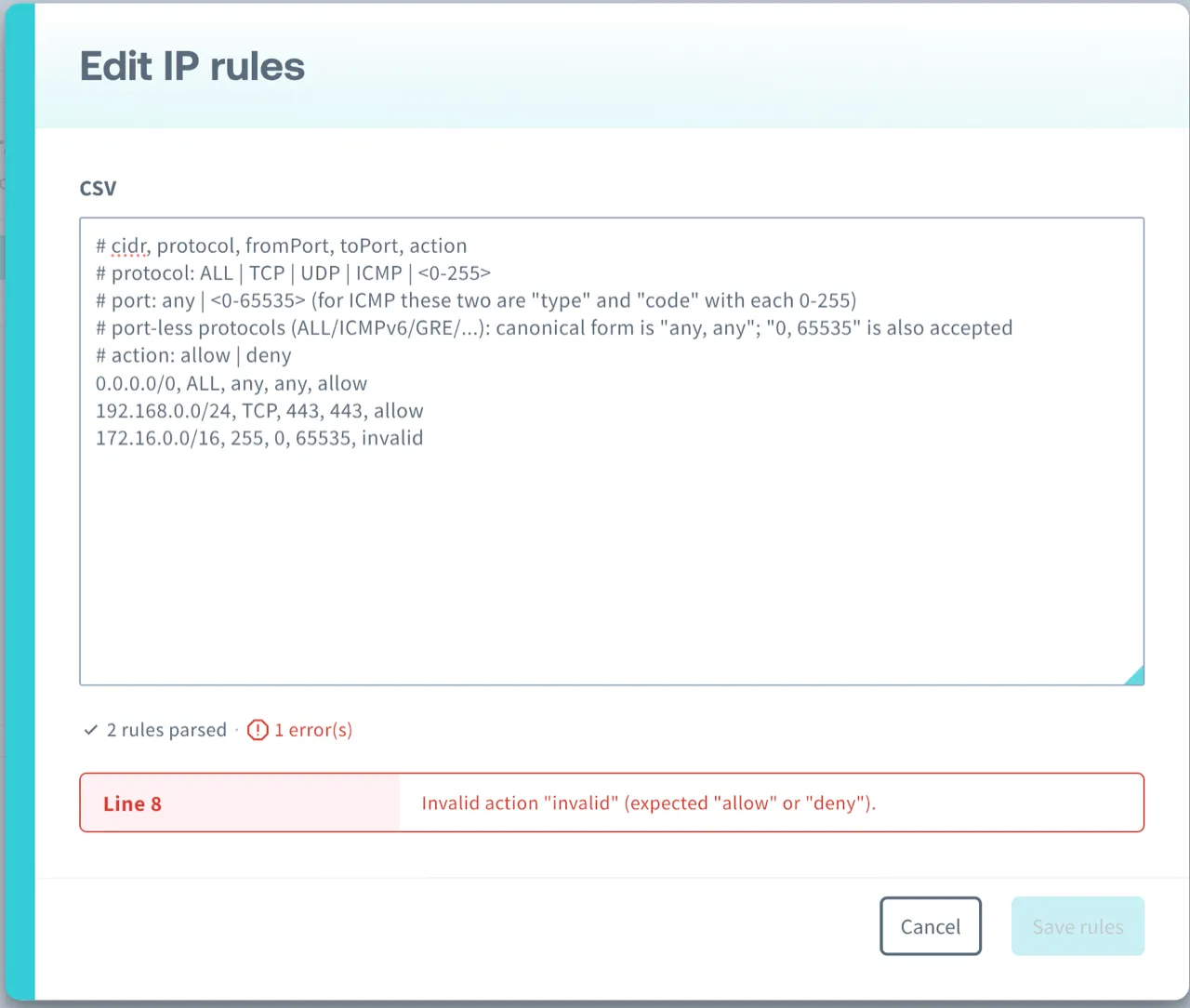 The CSV bulk edit editor with a line error; the offending line is reported with its line number and the Save rules button is disabled