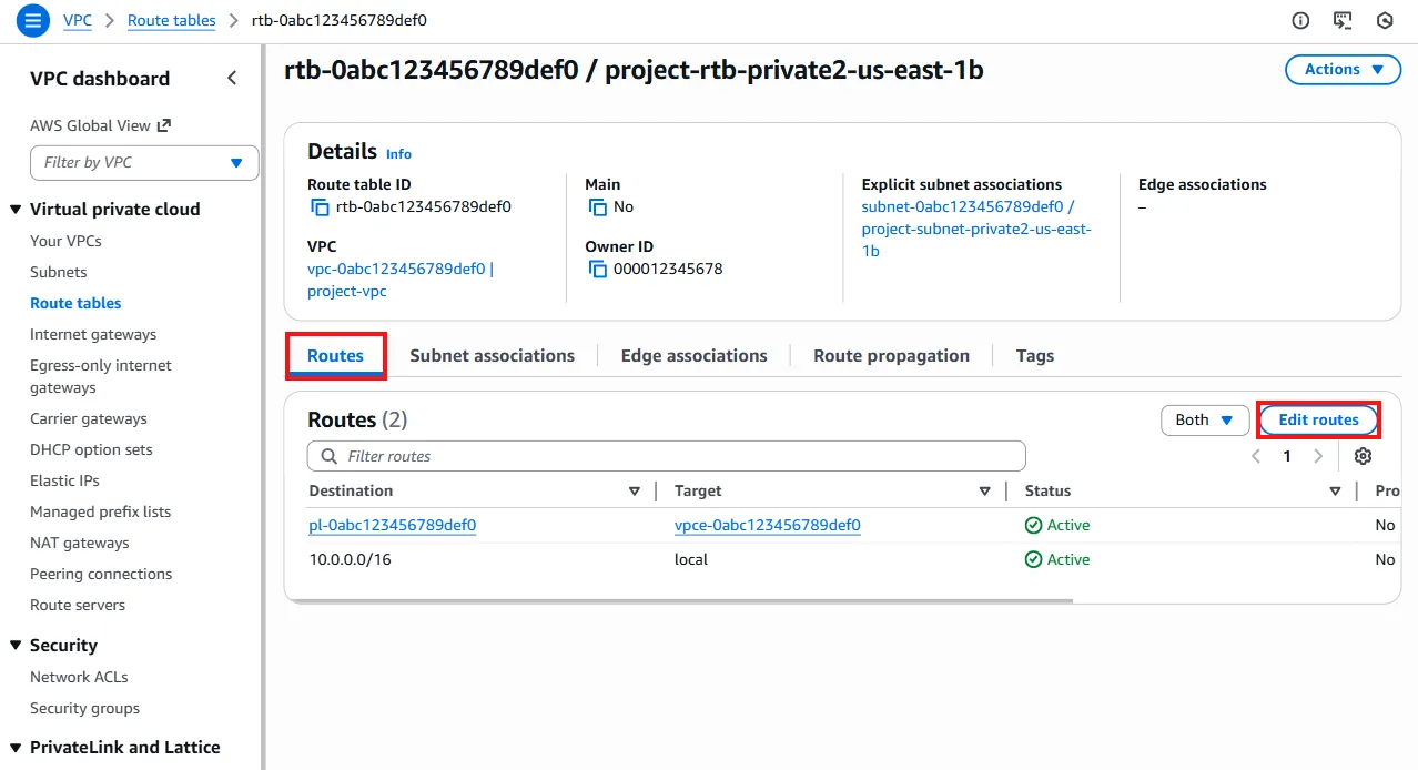 Route table details page with Routes tab and Edit routes button highlighted