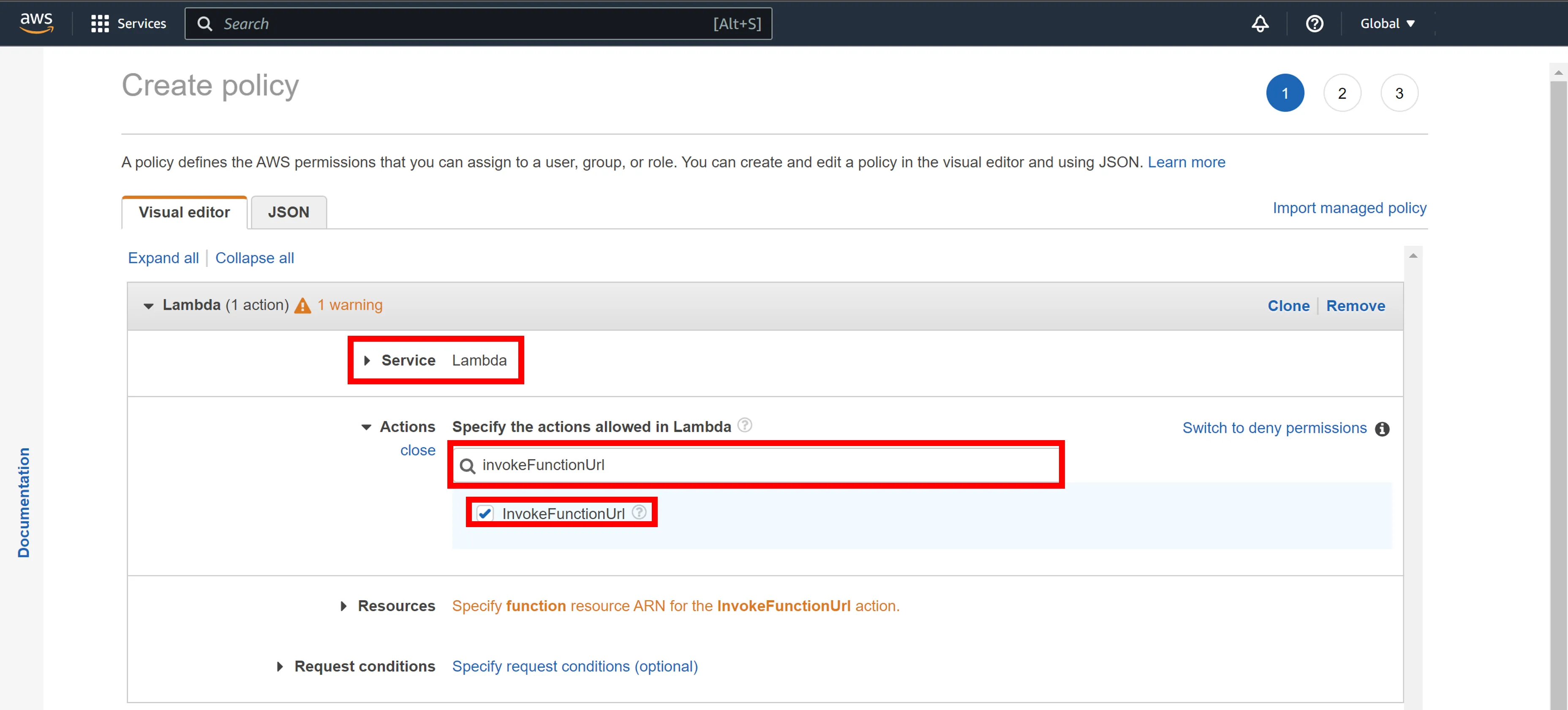 Lambda Service and InvokeFunctionUrl Action