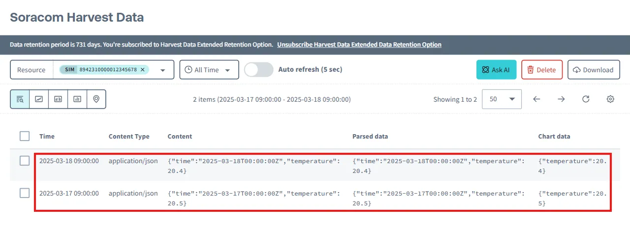 Screenshot of Harvest Data: Time, Content Type, Content, Parsed data, and Chart data items shown.