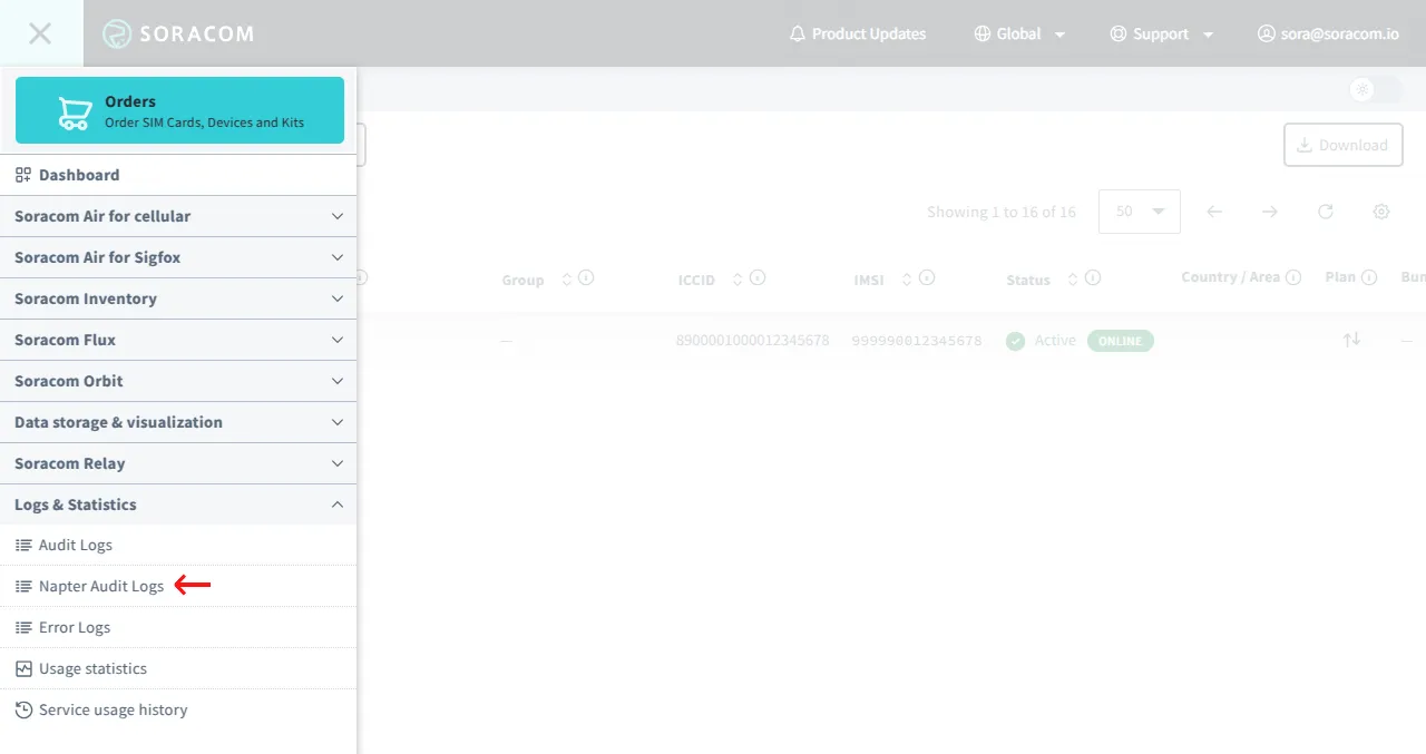 An image highlighting the Napter Audit Logs choice in the menu with an arrow