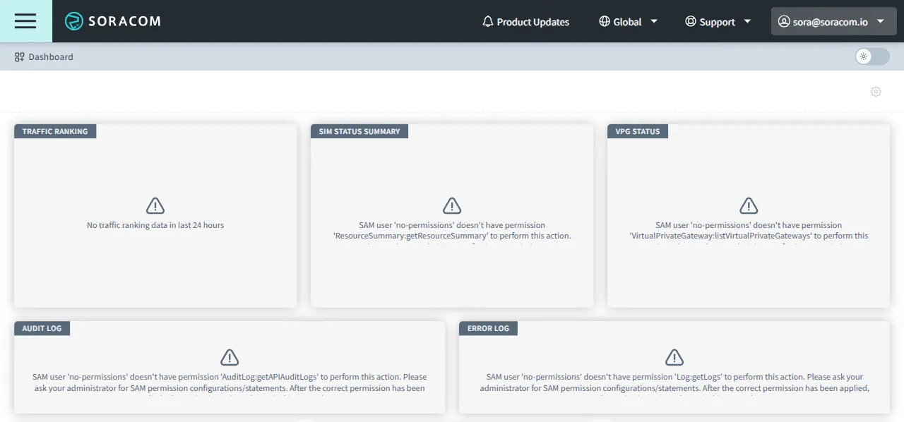 Screenshot of a SAM User without permissions to see the Dashboard
