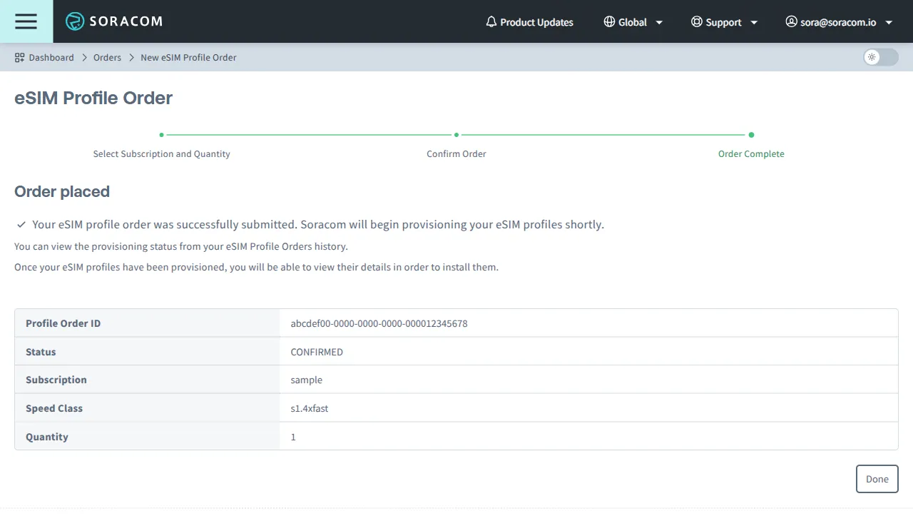 A screenshot of the order placed confirmation dialog