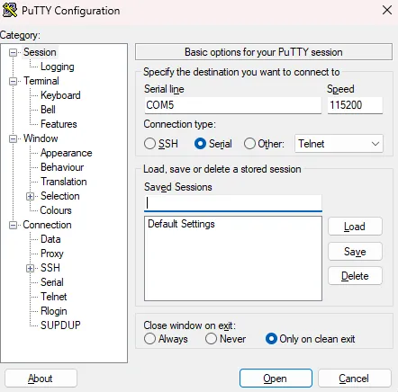 A screenshot of the PuTTY configuration settings described in the steps above