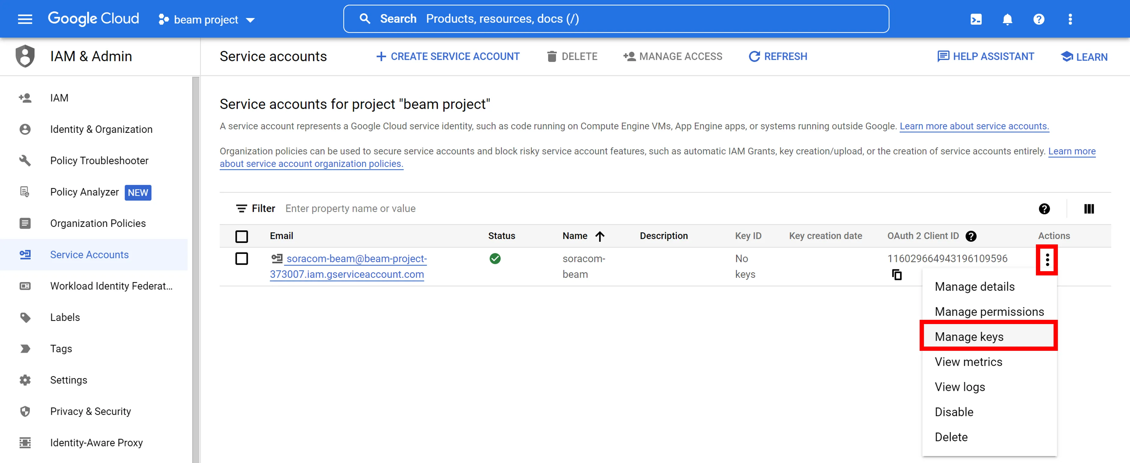 Service Account Actions Menu