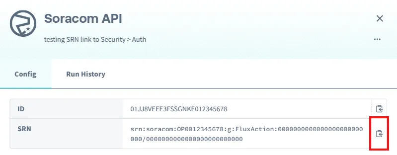 Action configuration dialog with a box around the button that copies the SRN value