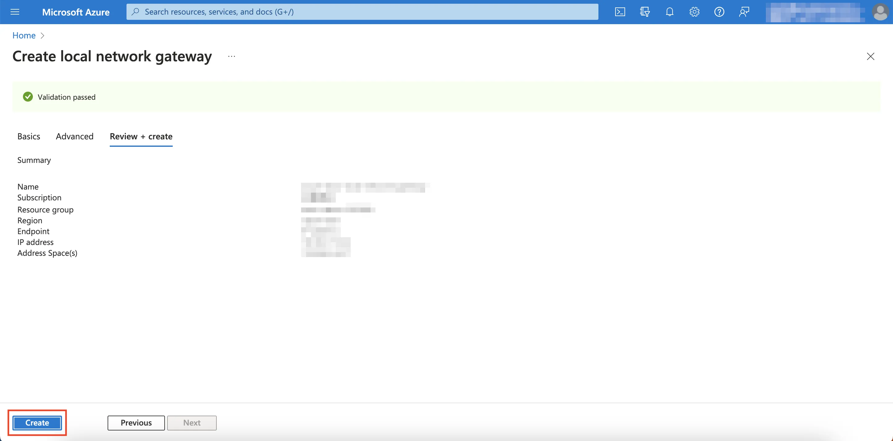 Create Local Network Gateway Final Step