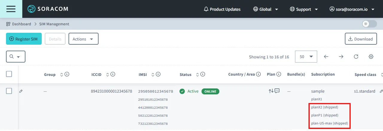 An image of subscription delivery status displayed in the SIM Management screen. The Subscriptions column shows a delivery status for plans such as planX2 (shipped), planP1 (shipped), and plan-US-max (shipped).