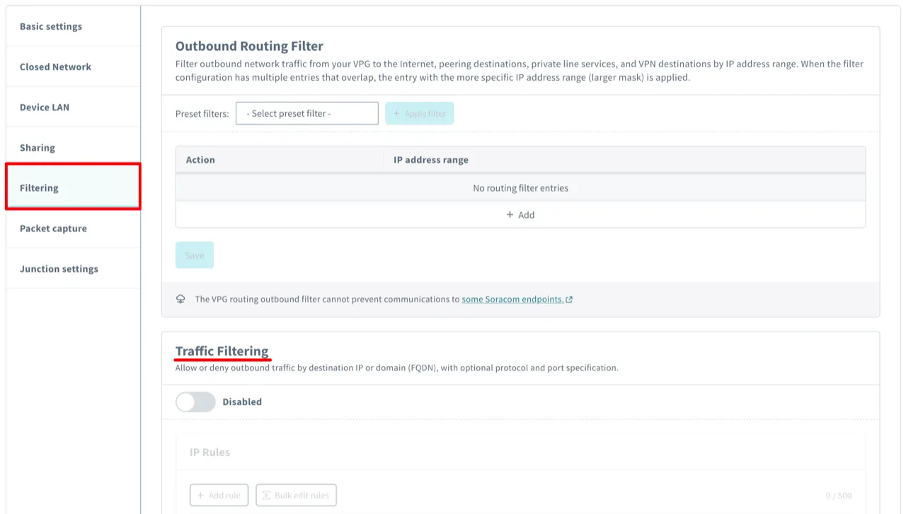 The Traffic Filtering section before it is enabled